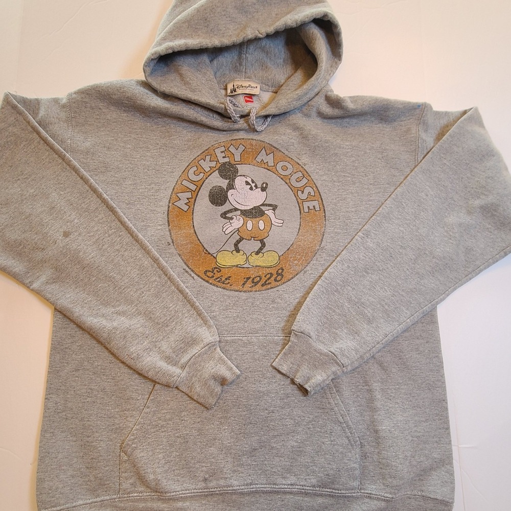 Vintage Disney Mickey Mouse Hanes Est 1928 Gray Hoodie Mens Size Medium EcoSmart